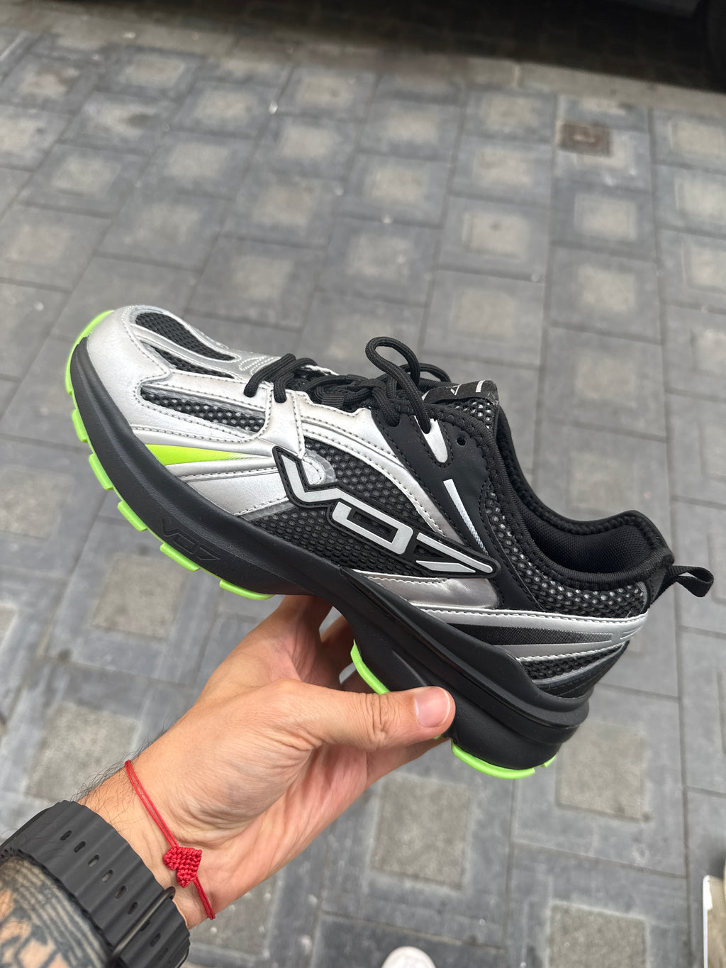 Silver & Black Chunky Sneakers with Neon Green Sole