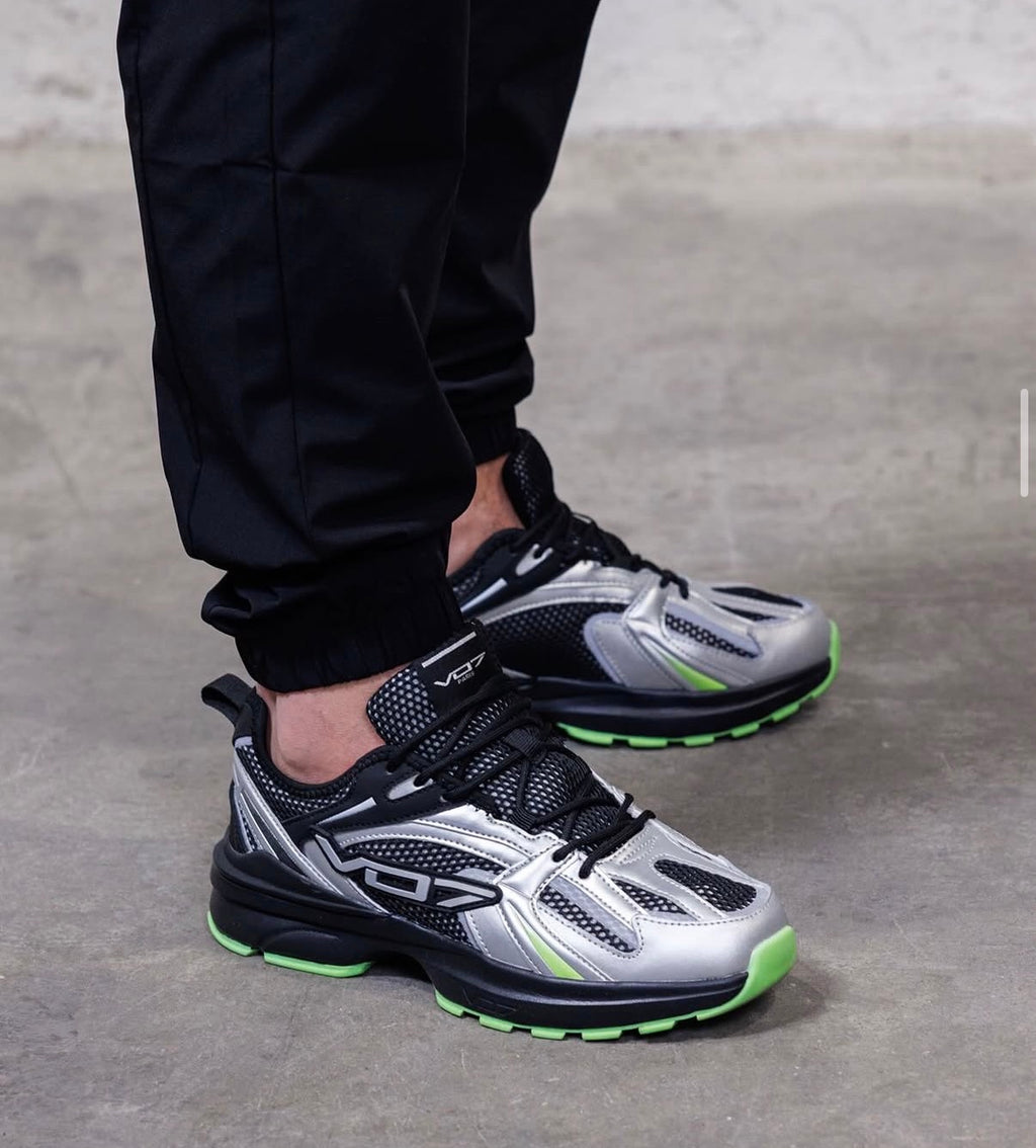 Silver & Black Chunky Sneakers with Neon Green Sole