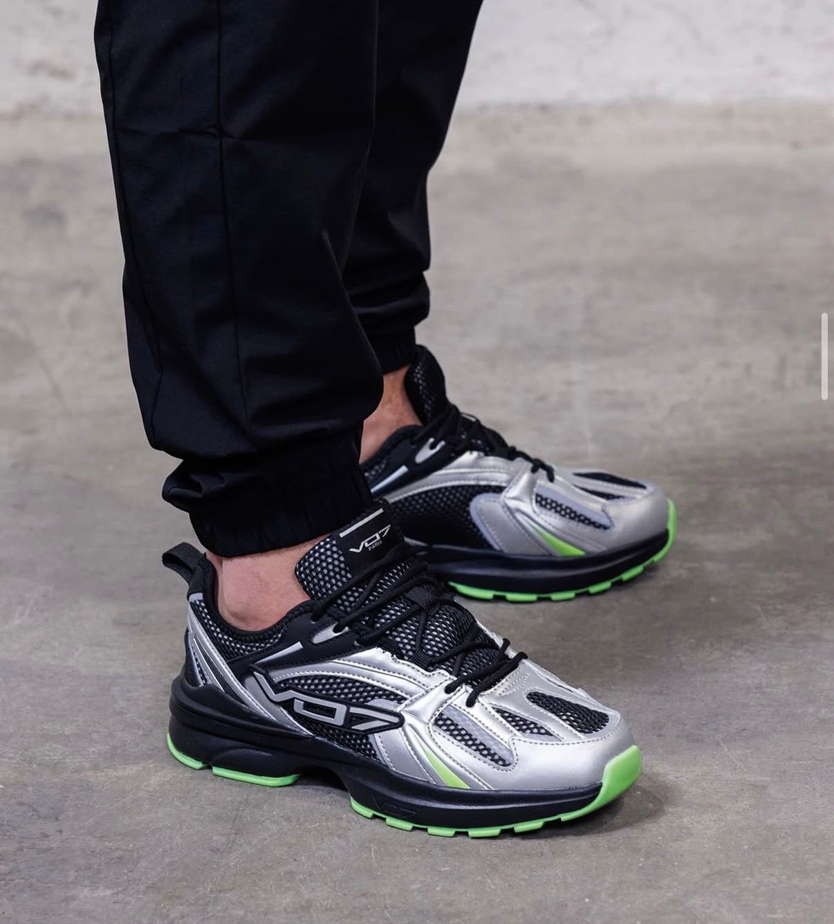 Silver & Black Chunky Sneakers with Neon Green Sole
