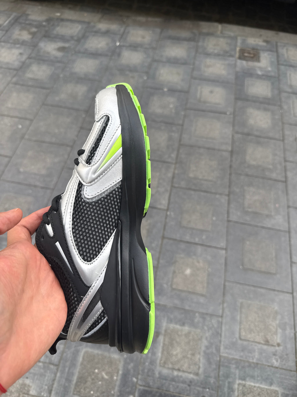 Silver & Black Chunky Sneakers with Neon Green Sole