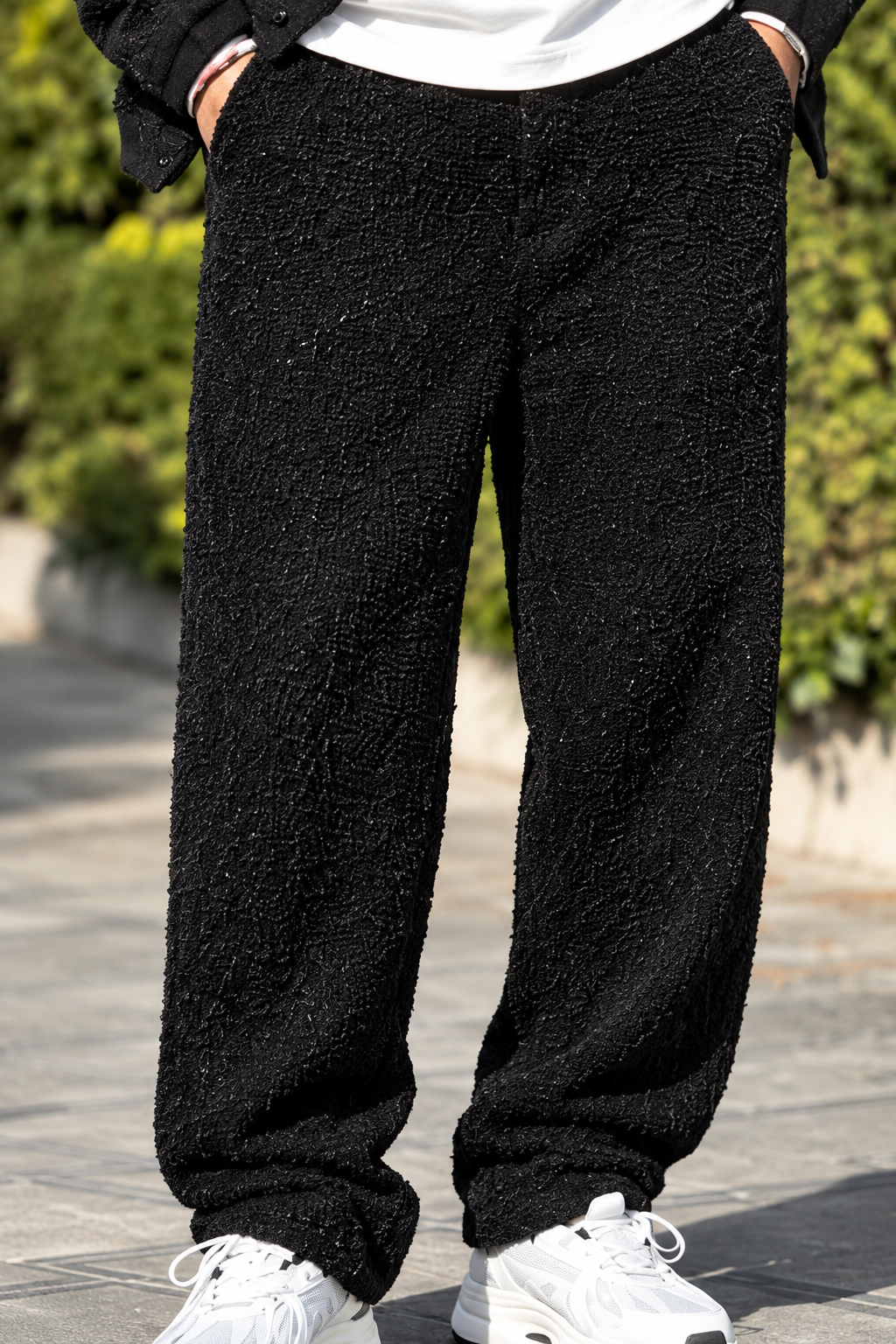 Black Textured Wide-Leg Pants