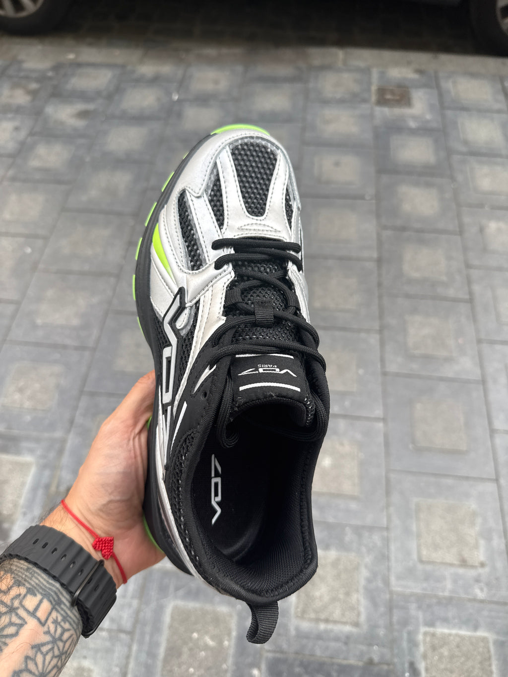 Silver & Black Chunky Sneakers with Neon Green Sole