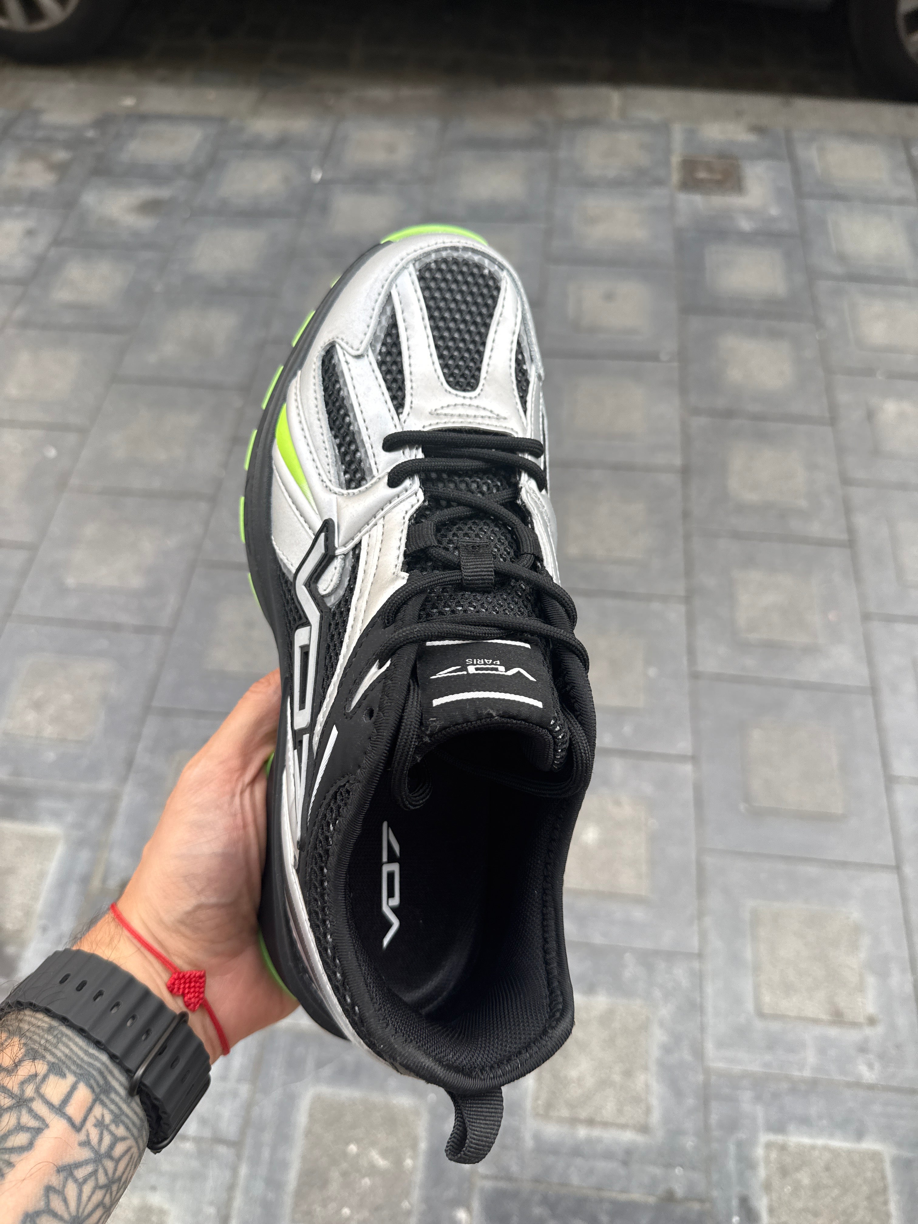 Silver & Black Chunky Sneakers with Neon Green Sole
