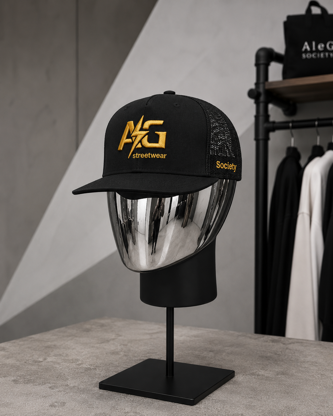 AleG Trucker Snapback Cap – Black/Gold