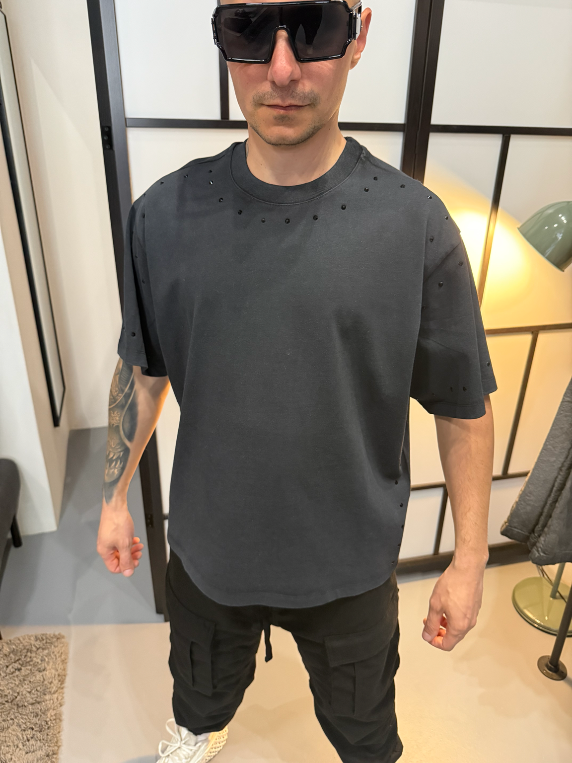 Oversized Washed Stud Detail T-Shirt – Charcoal Grey